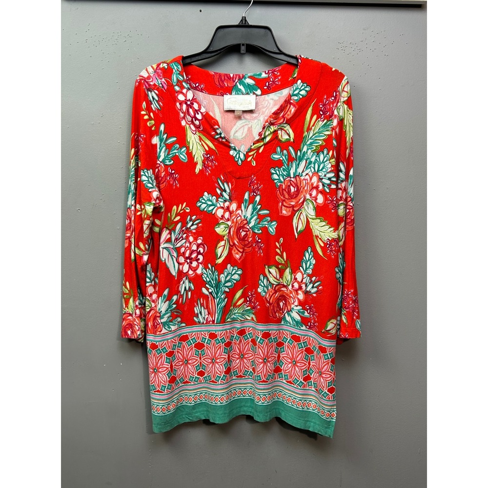 Pappagallo Tunic Top Women Size Large Red Floral V-Neck 3/4 Sleeve Boho Stretch